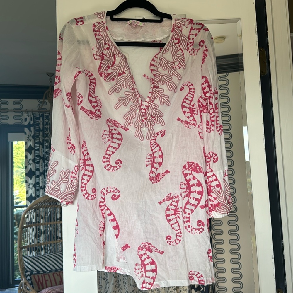 Barbara Gerwit pink and white beaded seahorse beach cover-up